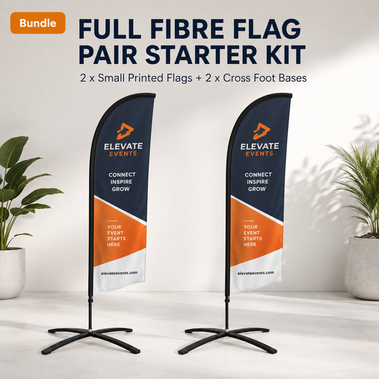 Two Small custom Full Fibre flags on cross-foot bases supplied as a complete starter kit