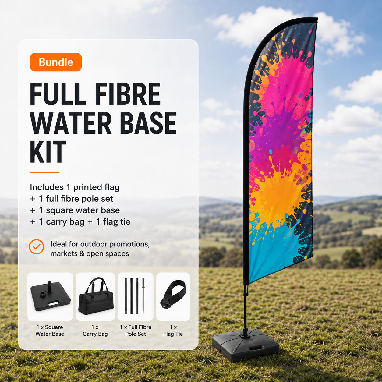 Medium Plus custom Full Fibre flag supplied with a square 25 litre water-fillable base