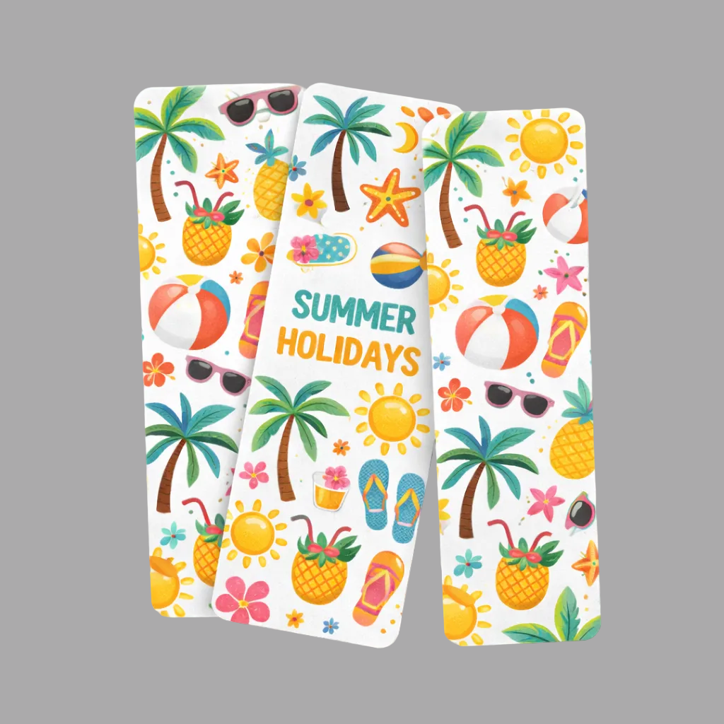 Three rectangular phone cases with a white background and a colorful summer-themed pattern featuring palm trees, pineapples, suns, flip-flops, beach balls, sunglasses, and the words 'SUMMER HOLIDAYS' in the center.