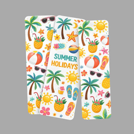 Three rectangular phone cases with a white background and a colorful summer-themed pattern featuring palm trees, pineapples, suns, flip-flops, beach balls, sunglasses, and the words 'SUMMER HOLIDAYS' in the center.