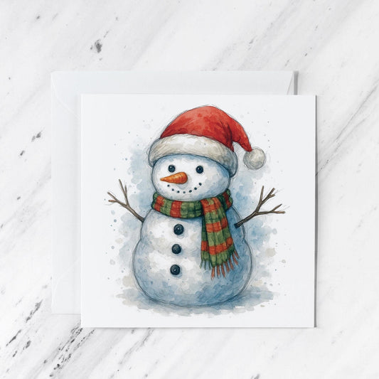 Snowman Christmas Card: Watercolor Holiday Greetings, 6x6 with Envelope