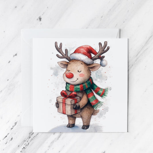 Watercolor Reindeer Christmas Card: Santa Hat, Gift & Scarf