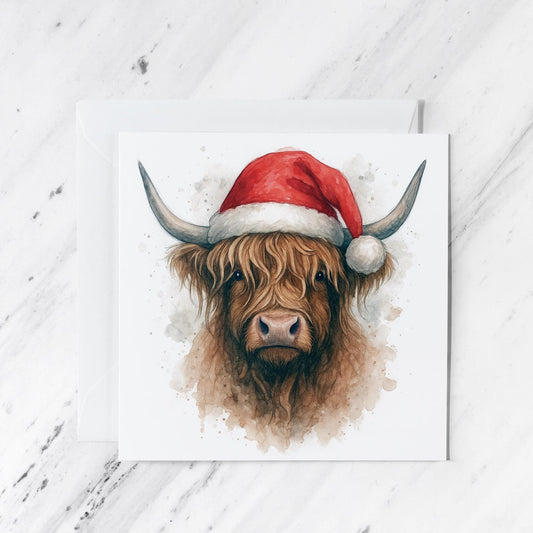 Highland Cow Christmas Card: Scottish Coo Santa Hat