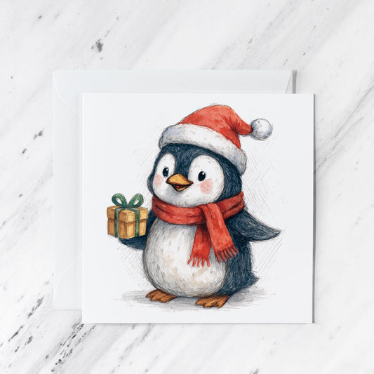Penguin Christmas Card – Festive Holiday Greetings, Santa Hat