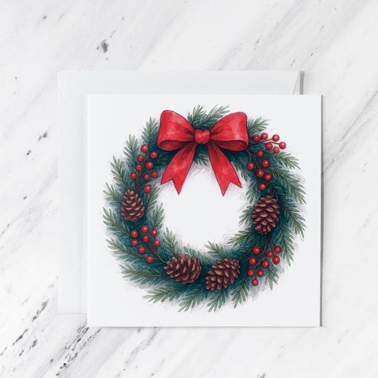 Classic Christmas Wreath Card – Holiday Greeting with Red Bow – Blank Inside – Festive Winter Card