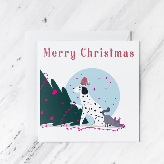 Foiled Christmas Pet Card | Dalmatian and Cat Holiday Greetings