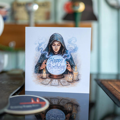 Mystic Seer Crystal Ball Birthday Card featuring watercolour tarot illustration, illustrated greeting card