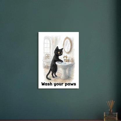 Funny Cat Wash Your Paws Bathroom Wall Art Print - Humorous Hygiene Decor
