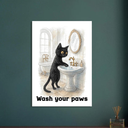 Funny Cat Wash Your Paws Bathroom Wall Art Print - Humorous Hygiene Decor
