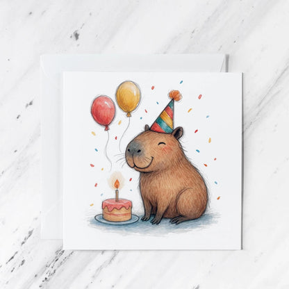 Capybara Birthday Card featuring whimsical watercolour illustration, illustrated greeting card