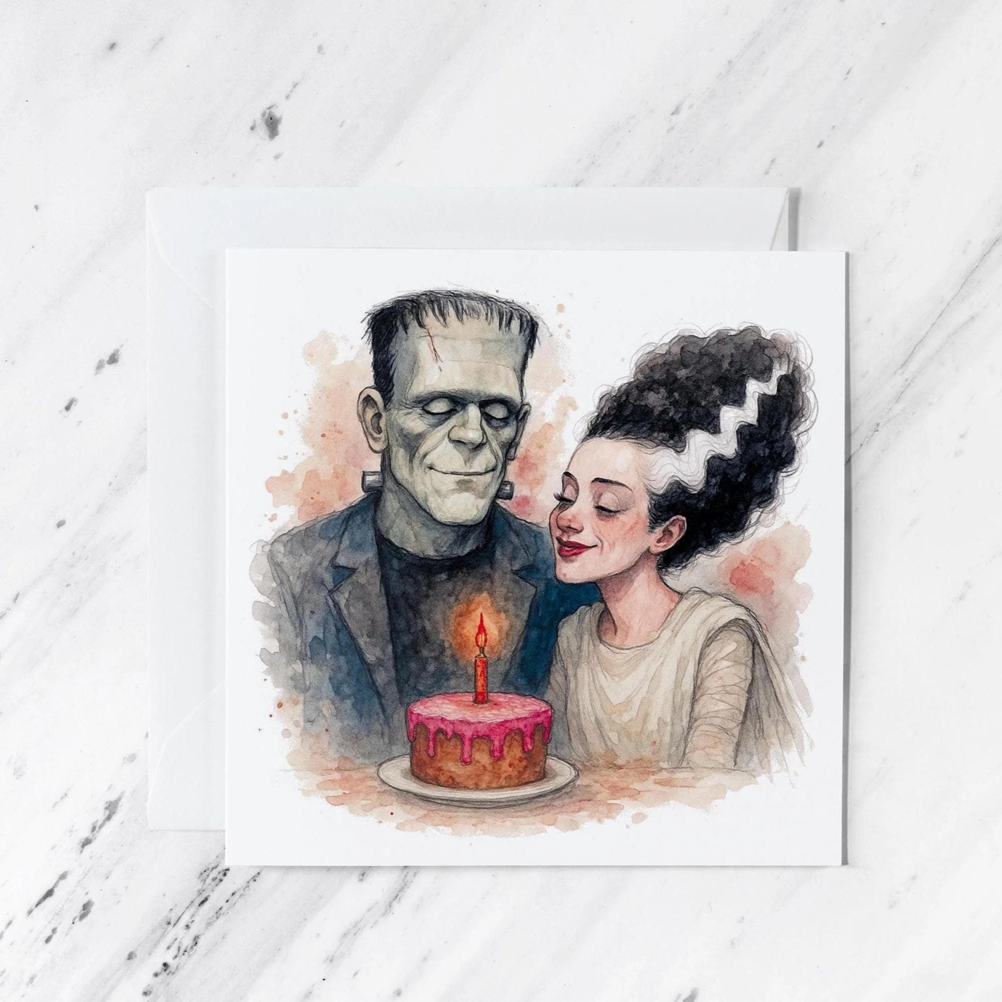 Frankenstein Bride Halloween Card, illustrated greeting card