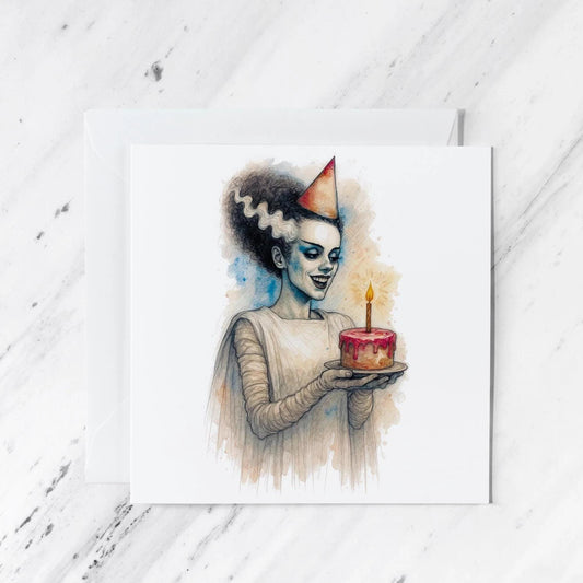 Bride of Frankenstein Birthday Card featuring gothic watercolour illustration, illustrated greeting card
