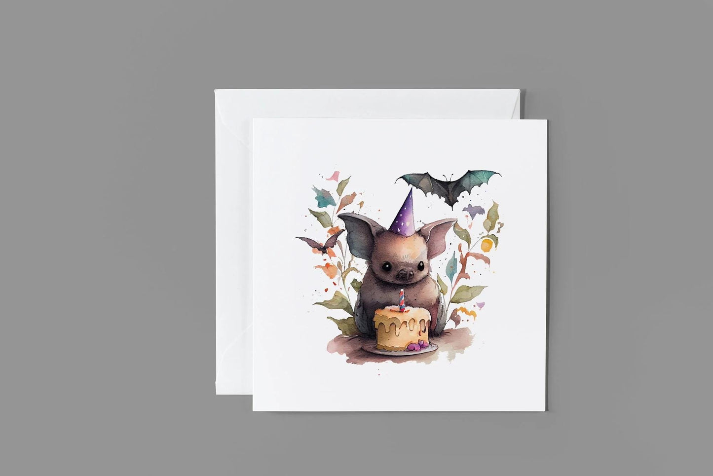 Handmade Watercolour Bat Birthday Card featuring whimsical animal art, party hat, illustrated greeting card