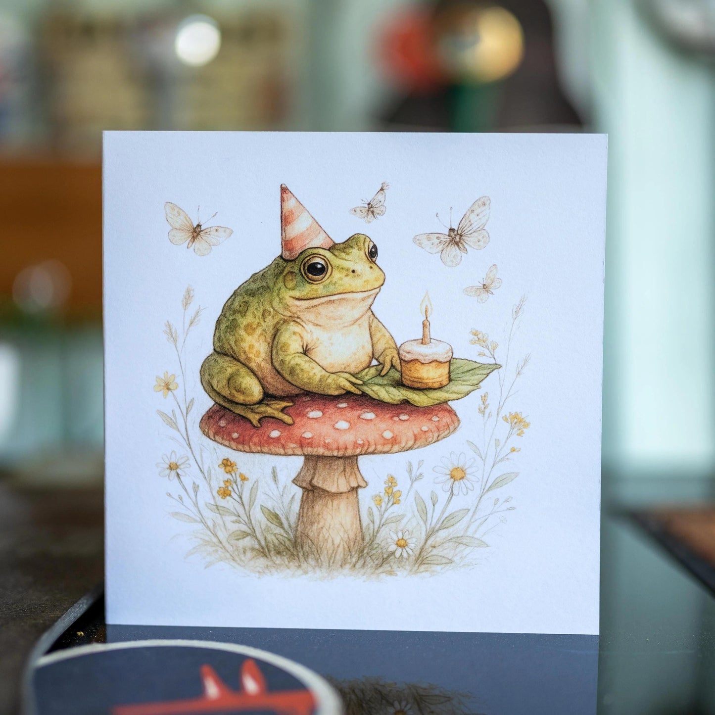 Frog Birthday Card featuring mushroom, illustrated greeting card