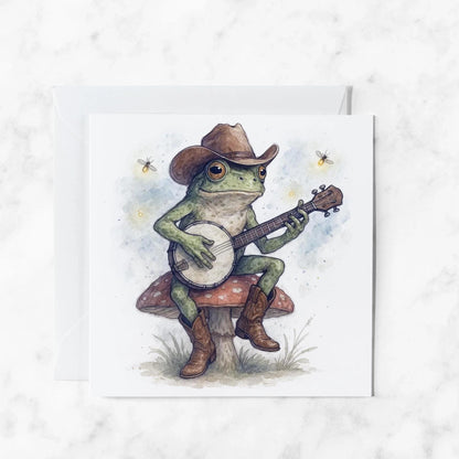 Banjo Frog Cowboy Greeting Card, illustrated greeting card