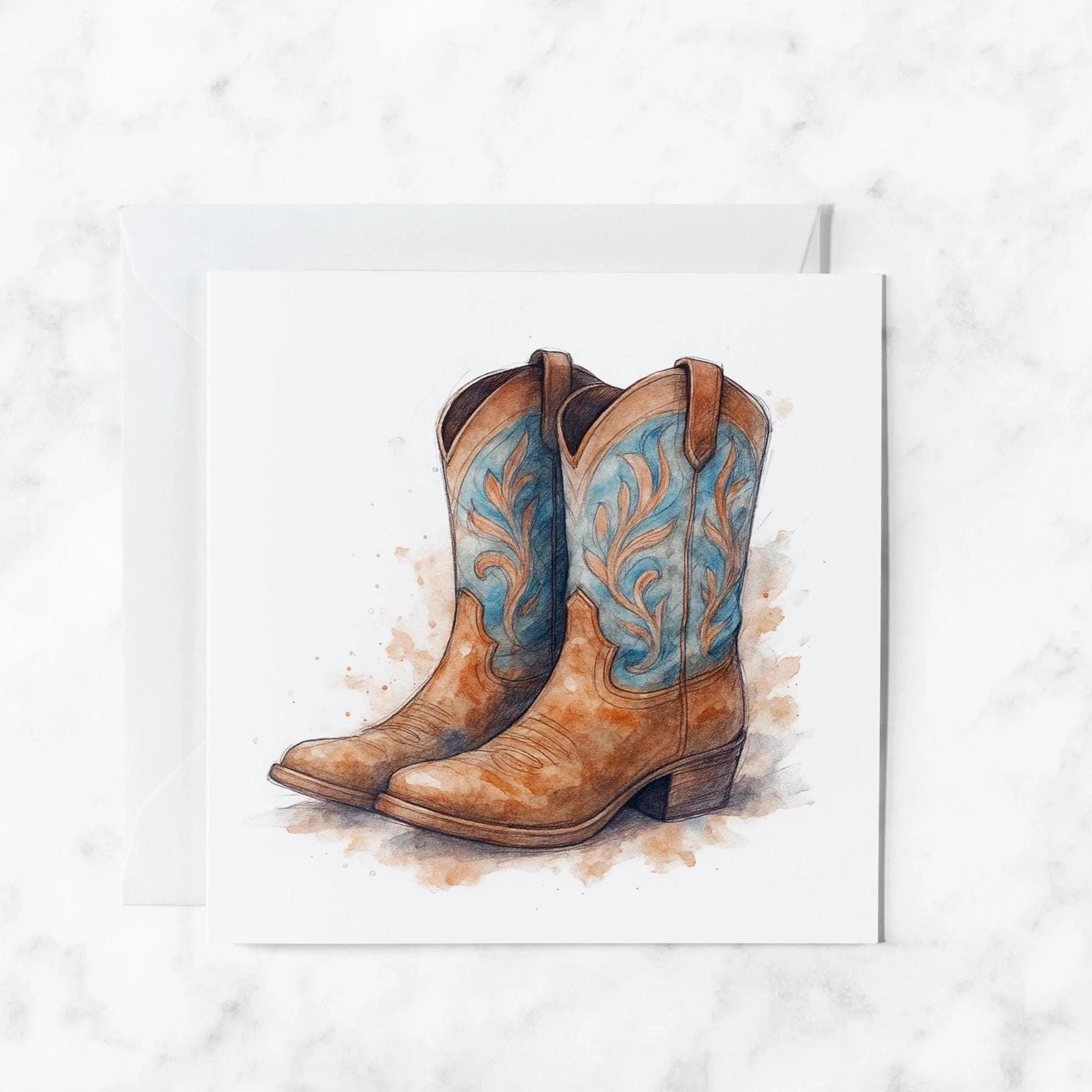 Watercolour Cowboy Boots Card featuring rustic western sketch illustration, illustrated greeting card