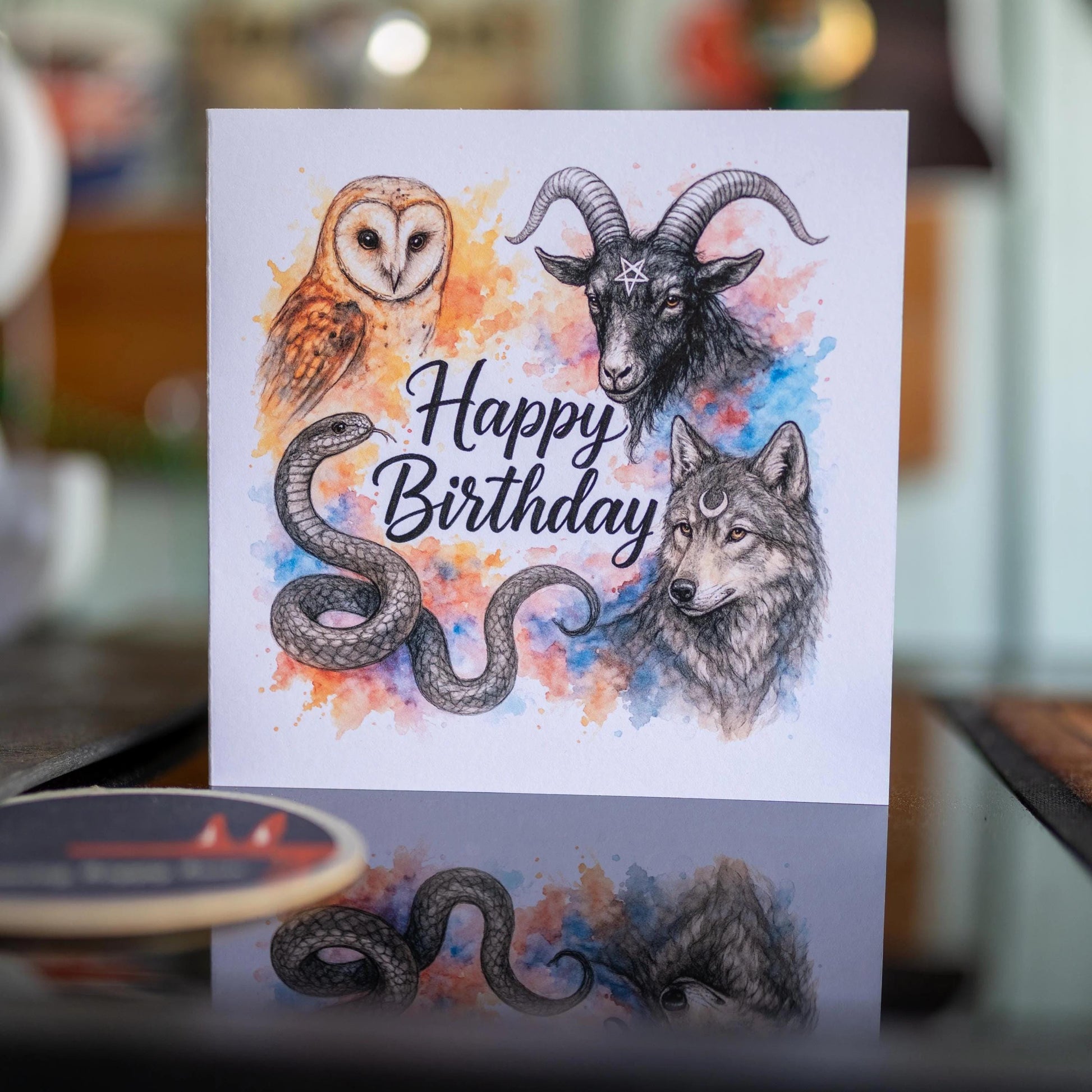 Birthday Card: Watercolour Owl featuring snake, wolf, illustrated greeting card