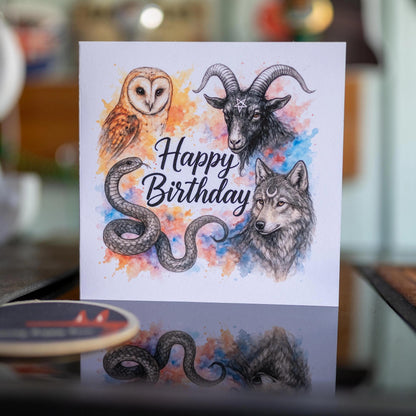 Birthday Card: Watercolour Owl featuring snake, wolf, illustrated greeting card