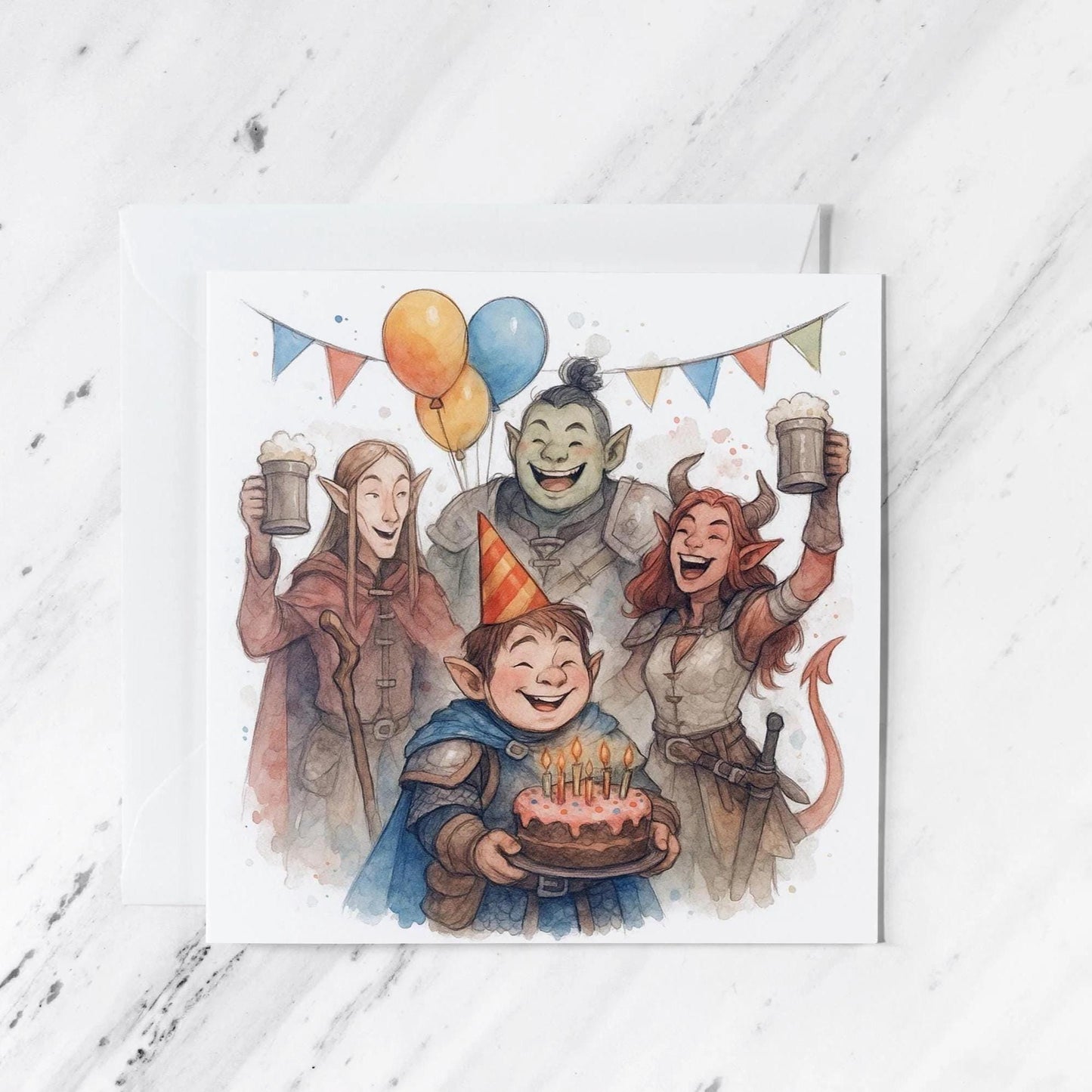 Fantasy RPG Adventuring Party Birthday Card featuring watercolour style celebration greeting, illustrated greeting card