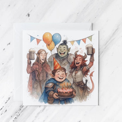 Fantasy RPG Adventuring Party Birthday Card featuring watercolour style celebration greeting, illustrated greeting card