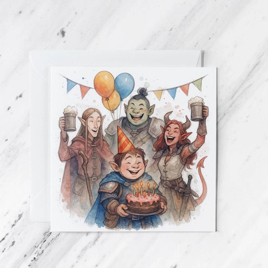 Fantasy RPG Adventuring Party Birthday Card featuring watercolour style celebration greeting, illustrated greeting card