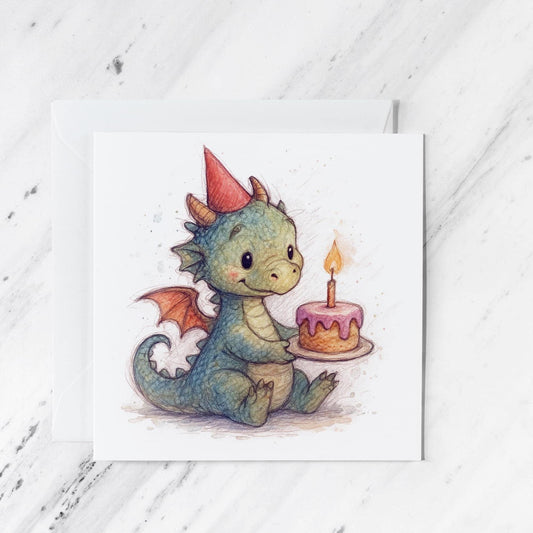 Watercolour Dragon Birthday Card featuring fantasy animal greeting, illustrated greeting card