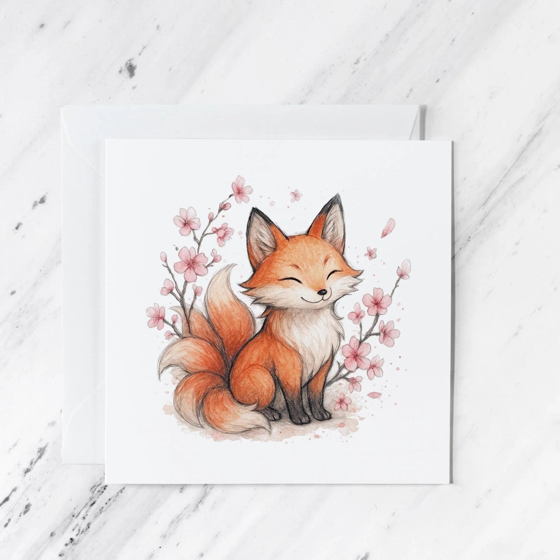 Watercolour Fox Cherry Blossom Greeting Card featuring woodland illustration, illustrated greeting card