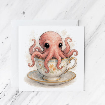 Octopus in Teacup Greeting Card, illustrated greeting card