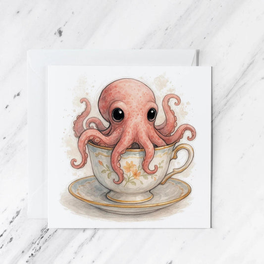 Octopus in Teacup Greeting Card, illustrated greeting card