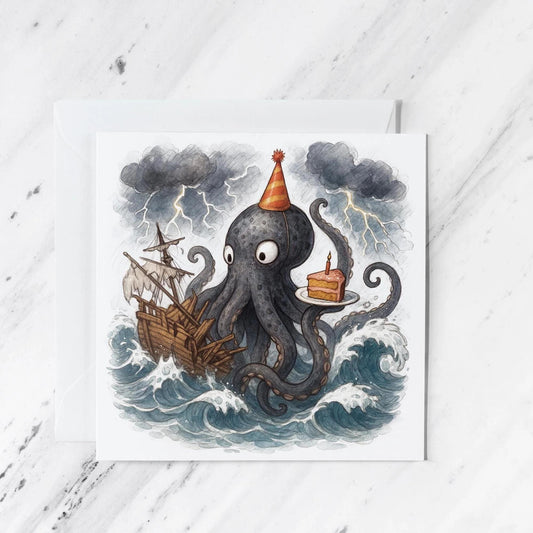 Kraken Ship Birthday Card, illustrated greeting card