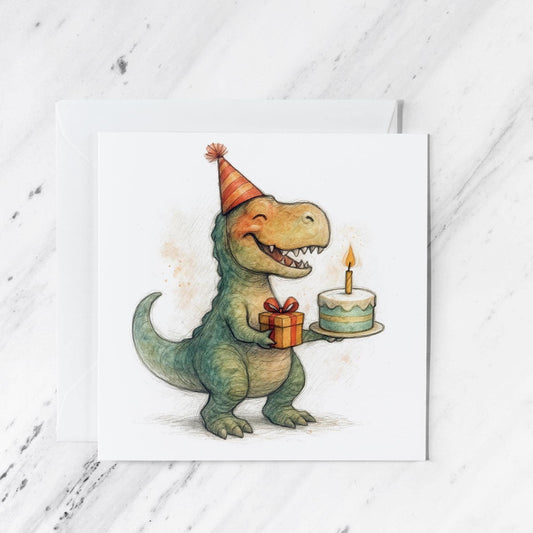 T-Rex Dinosaur Birthday Card, illustrated greeting card