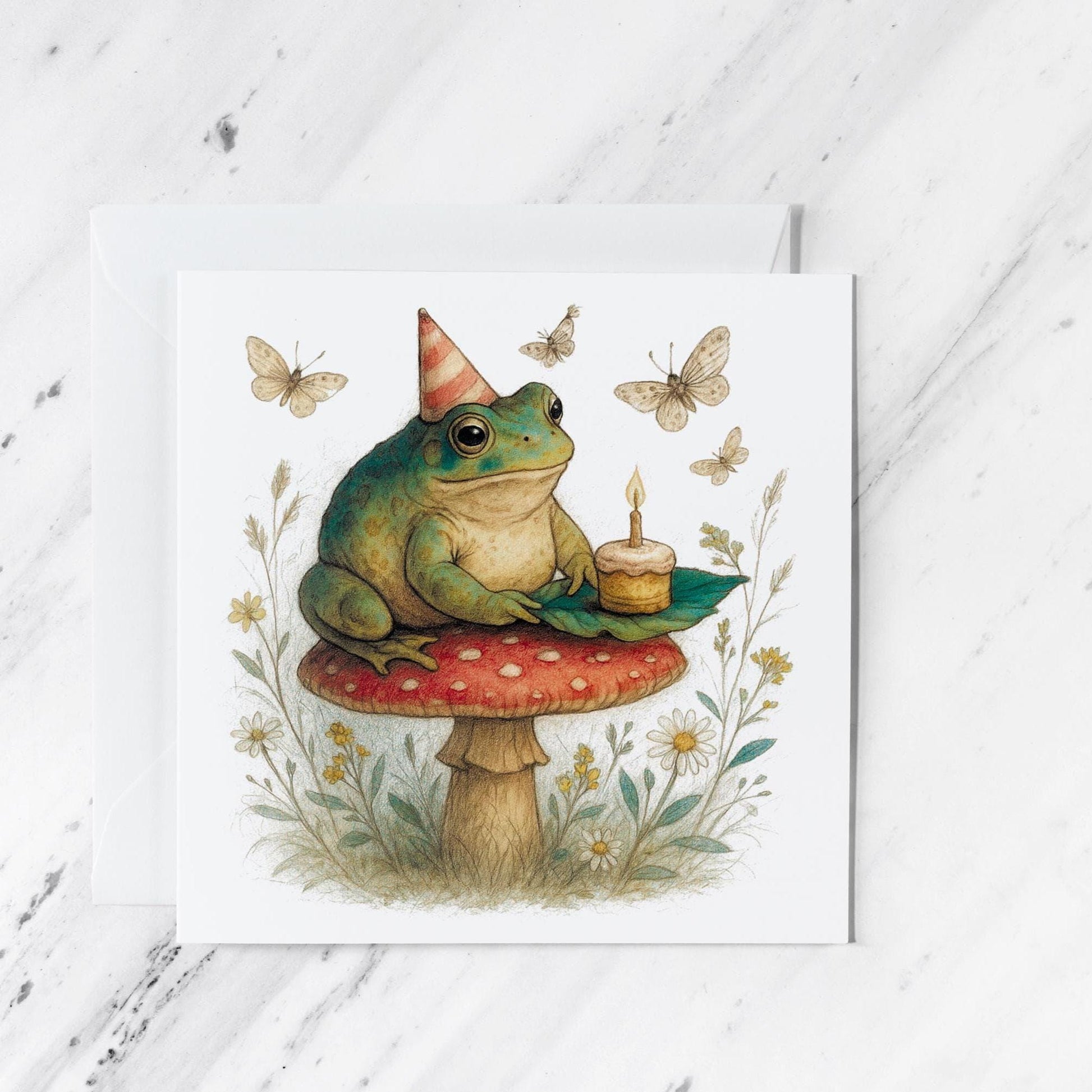 Frog Birthday Card featuring mushroom, illustrated greeting card