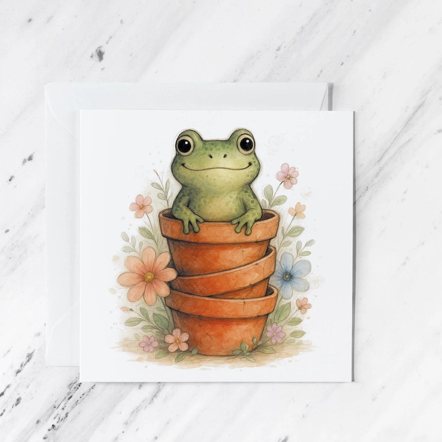 Frog in Flower Pots Watercolour Card, illustrated greeting card