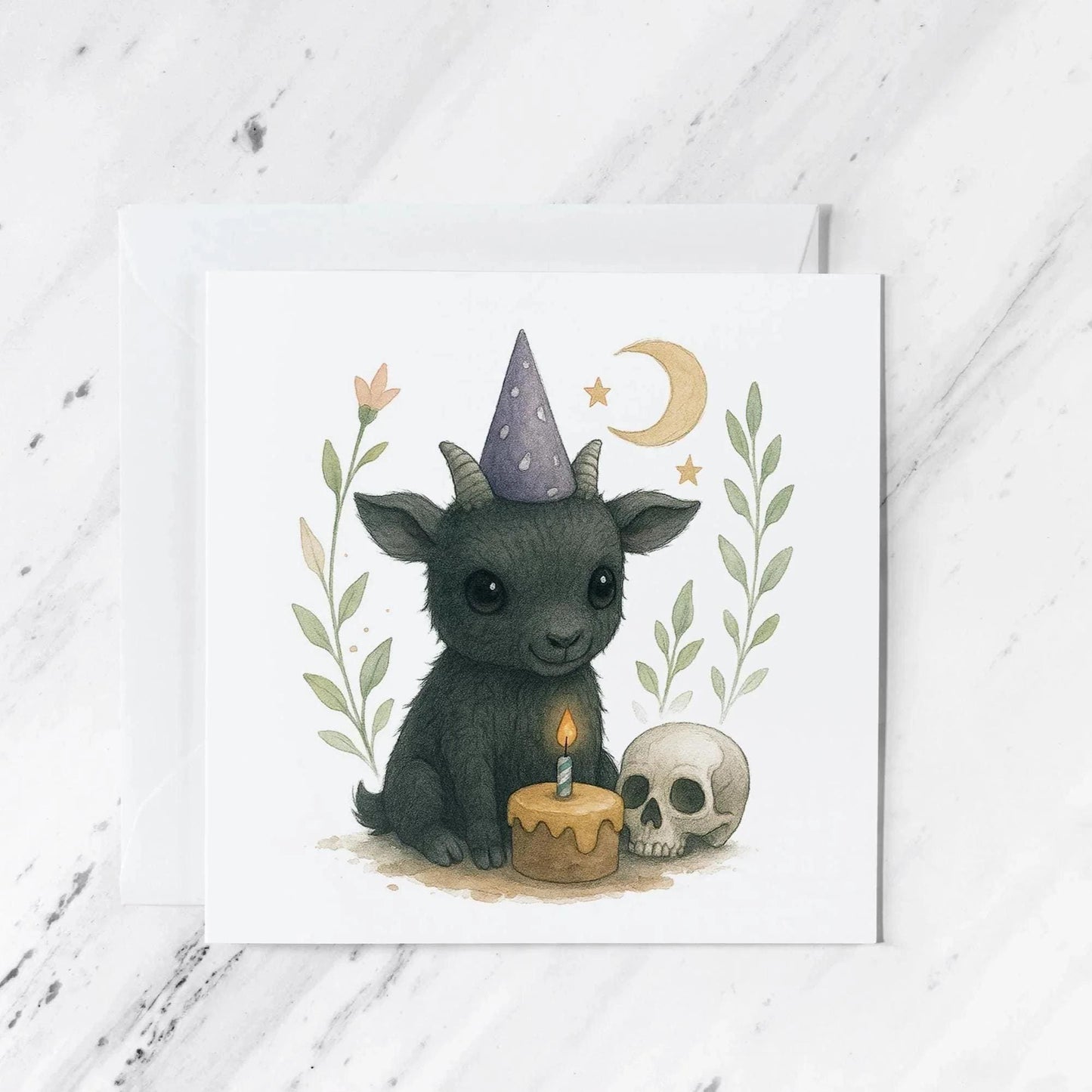 Black Goat Birthday Card featuring watercolour sketch, moon, illustrated greeting card