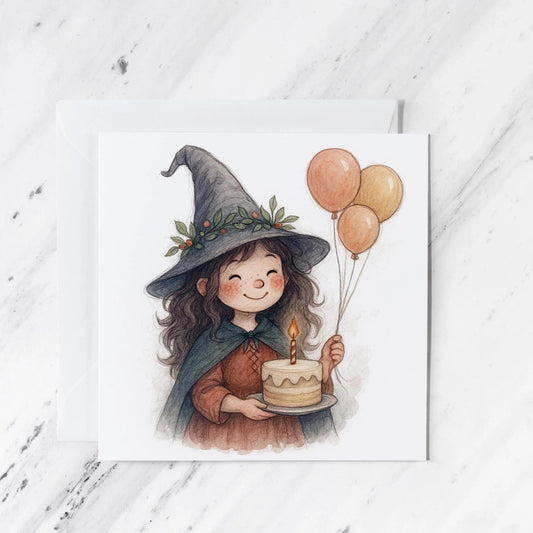 Watercolour Witch Birthday Card featuring magical girl cake balloons, illustrated greeting card
