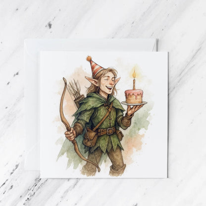 Fantasy Elf Archer Birthday Card featuring watercolour style ttrpg greeting, illustrated greeting card