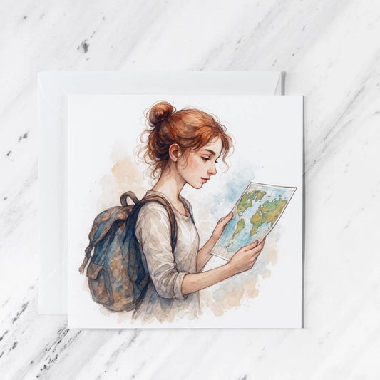 Traveler Girl World Map Card – Watercolour Art Print, Blank Inside