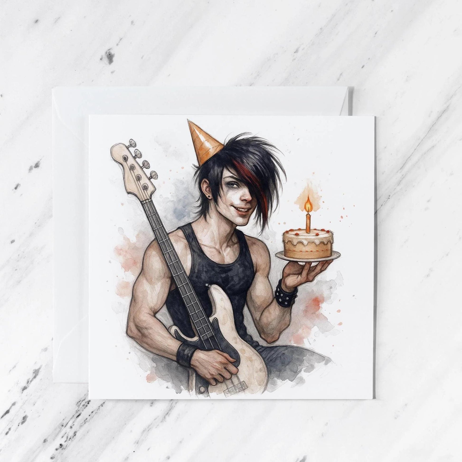Birthday Card featuring watercolour guitarist illustration, illustrated greeting card
