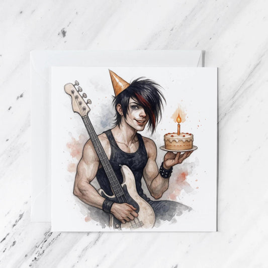 Birthday Card featuring watercolour guitarist illustration, illustrated greeting card