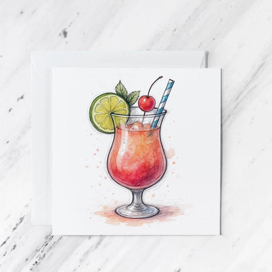 Watercolor Cocktail Card – Pencil Sketch Drink Illustration, Greeting Card