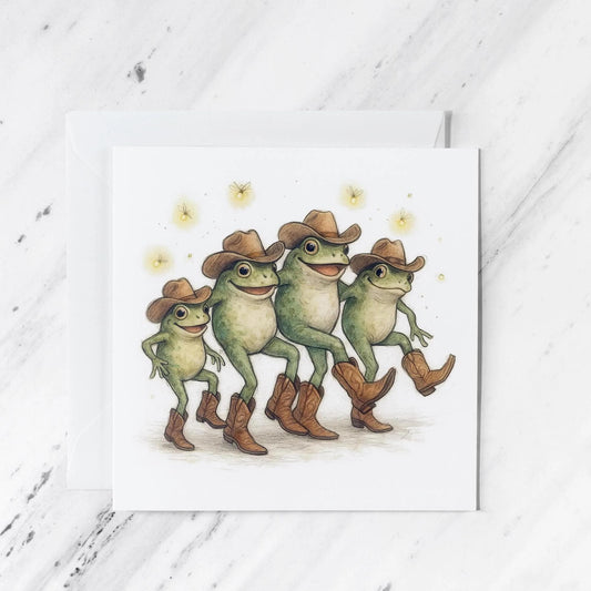 Linedancing Frogs Cowboy Illustration Greeting Card – Watercolour Art Print
