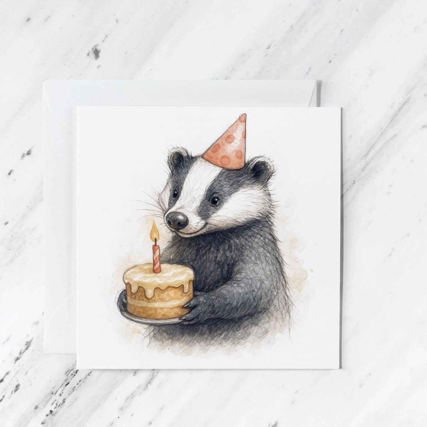 Badger Birthday Card featuring woodland animal watercolour illustration, illustrated greeting card