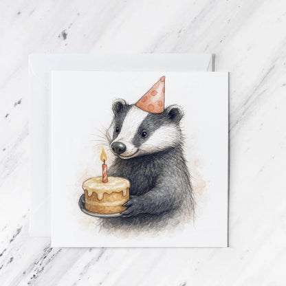 Badger Birthday Card featuring woodland animal watercolour illustration, illustrated greeting card