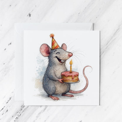 Watercolour Rat Birthday Card featuring chef hat cake illustration, whimsical art, illustrated greeting card