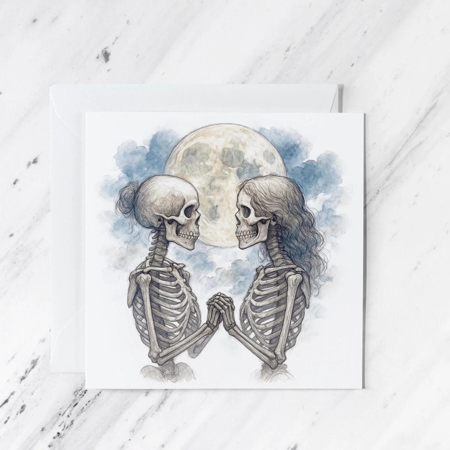 Skeleton Lovers Card featuring gothic romance watercolour illustration, illustrated greeting card