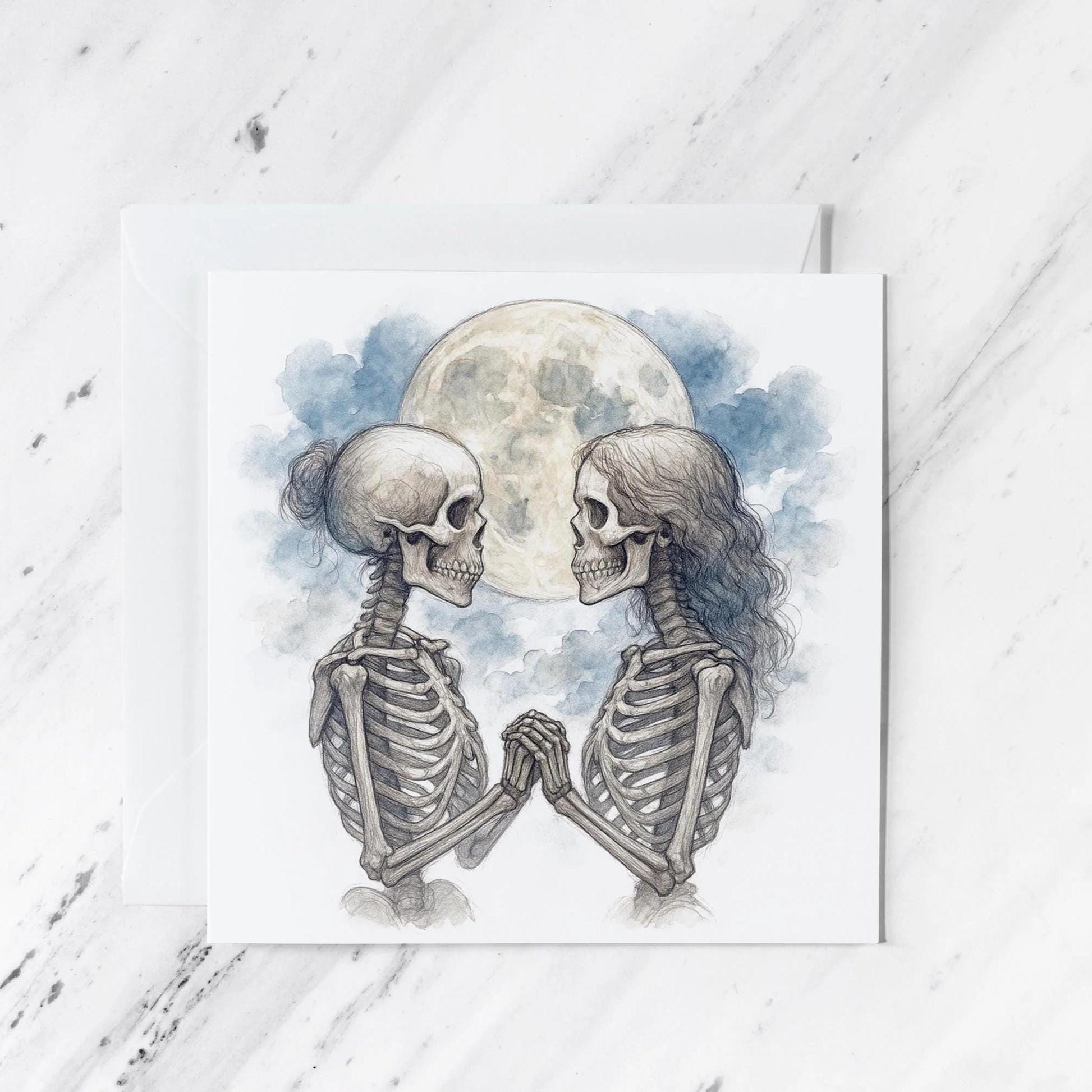 Skeleton Lovers Card featuring gothic romance watercolour illustration, illustrated greeting card