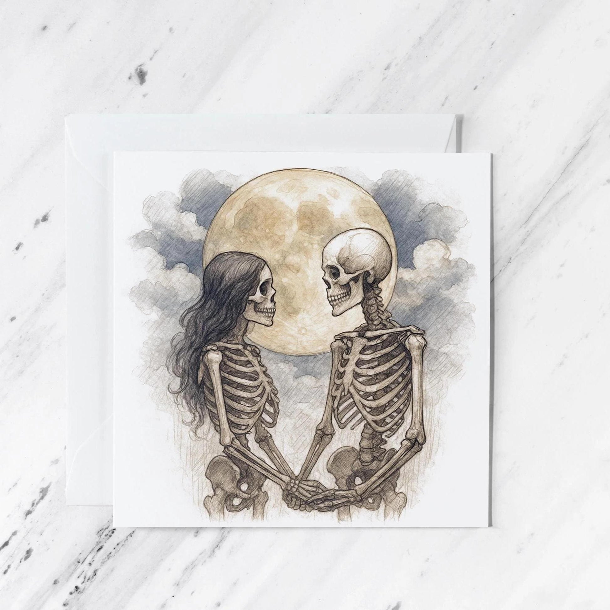 Skeleton Lovers Gothic Romance Card, illustrated greeting card