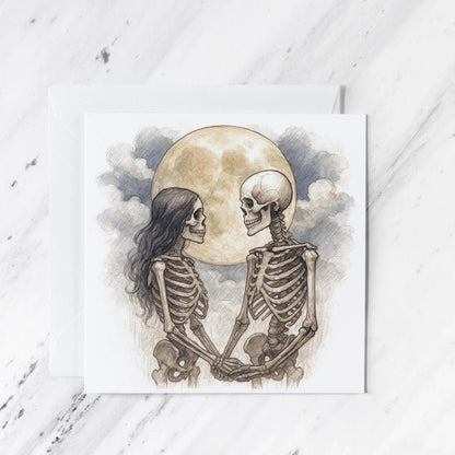 Skeleton Lovers Gothic Romance Card, illustrated greeting card