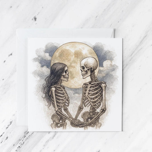 Skeleton Lovers Gothic Romance Card, illustrated greeting card