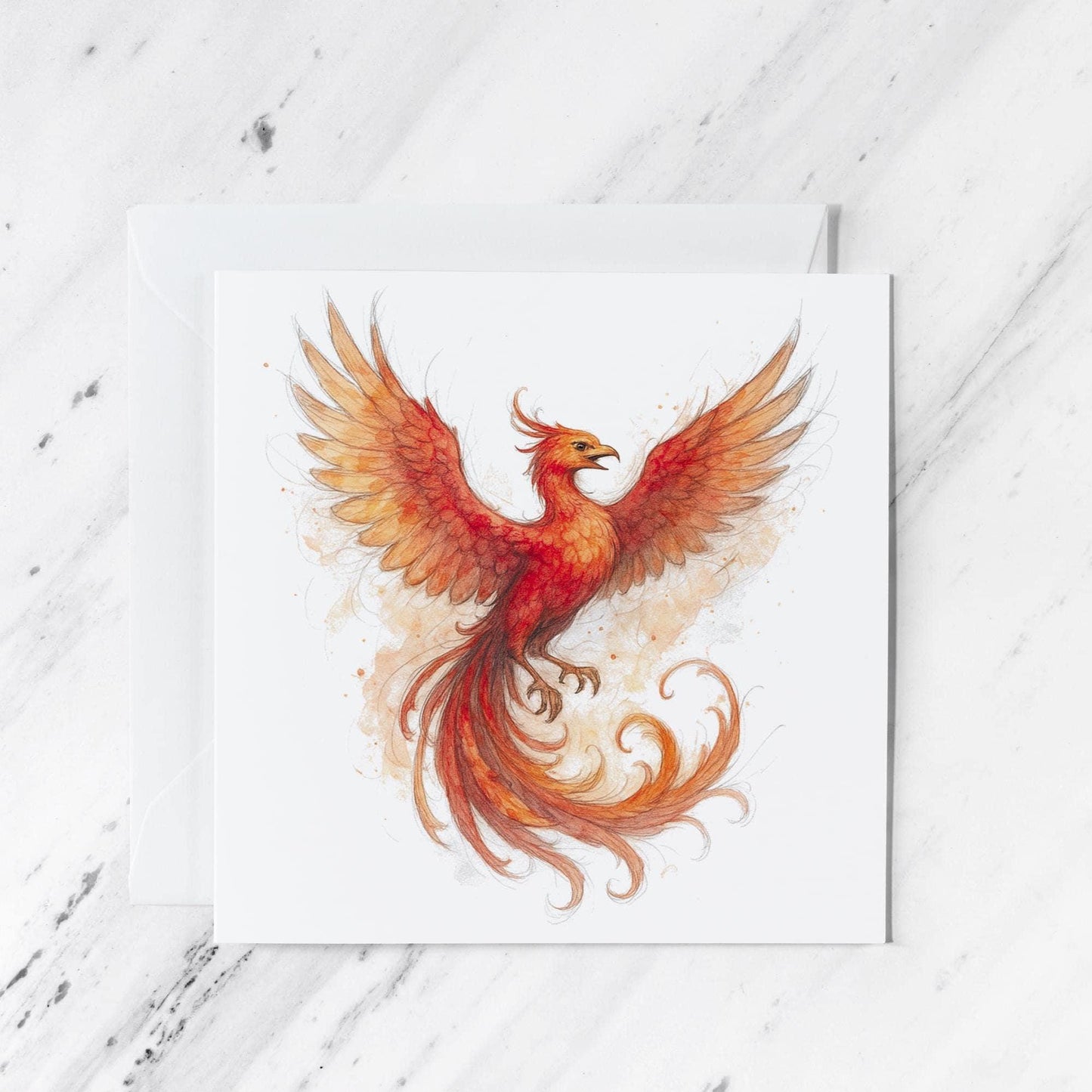 Phoenix Greeting Card featuring watercolour pencil illustration, rebirth symbol, illustrated greeting card